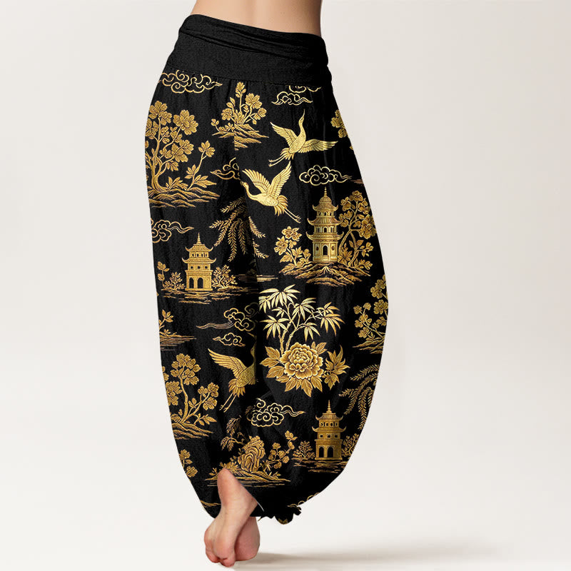 Buddha Stones Pantalones harén de algodón con cintura elástica para mujer, con diseño de grulla de árbol, arquitectura, nubes y peonías - image 1