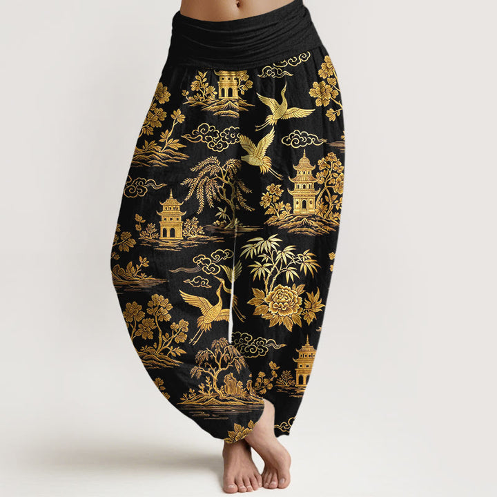 Buddha Stones Pantalones harén de algodón con cintura elástica para mujer, con diseño de grulla de árbol, arquitectura, nubes y peonías - Negro - US16，UK/AU20，EU48 (3XL) - image 0