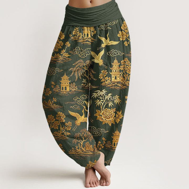 Buddha Stones Pantalones harén de algodón con cintura elástica para mujer, con diseño de grulla de árbol, arquitectura, nubes y peonías - Verde oliva oscuro - US16，UK/AU20，EU48 (3XL) - image 5