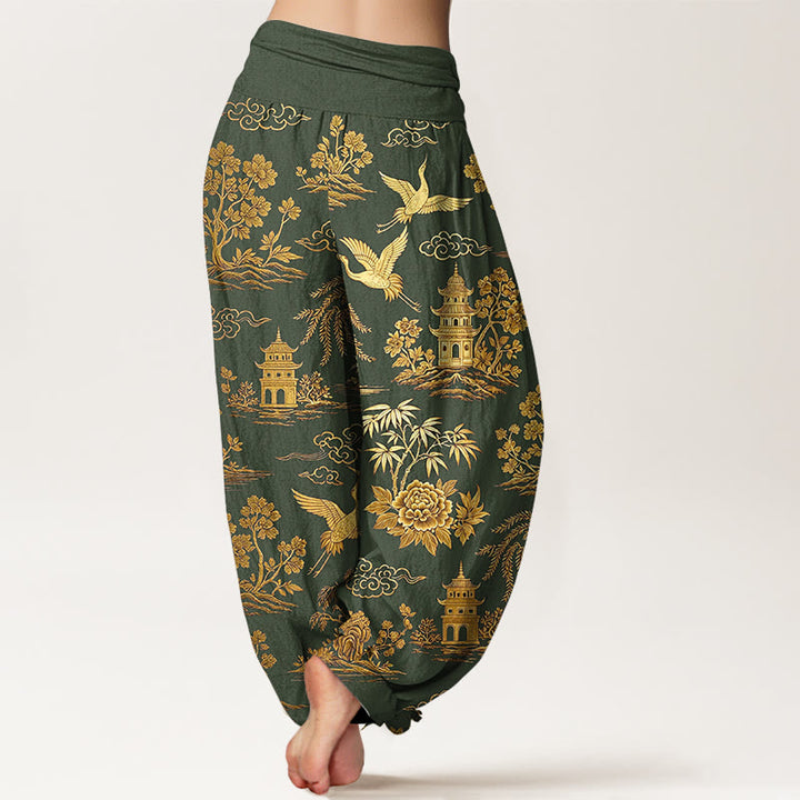 Buddha Stones Pantalones harén de algodón con cintura elástica para mujer, con diseño de grulla de árbol, arquitectura, nubes y peonías - image 6
