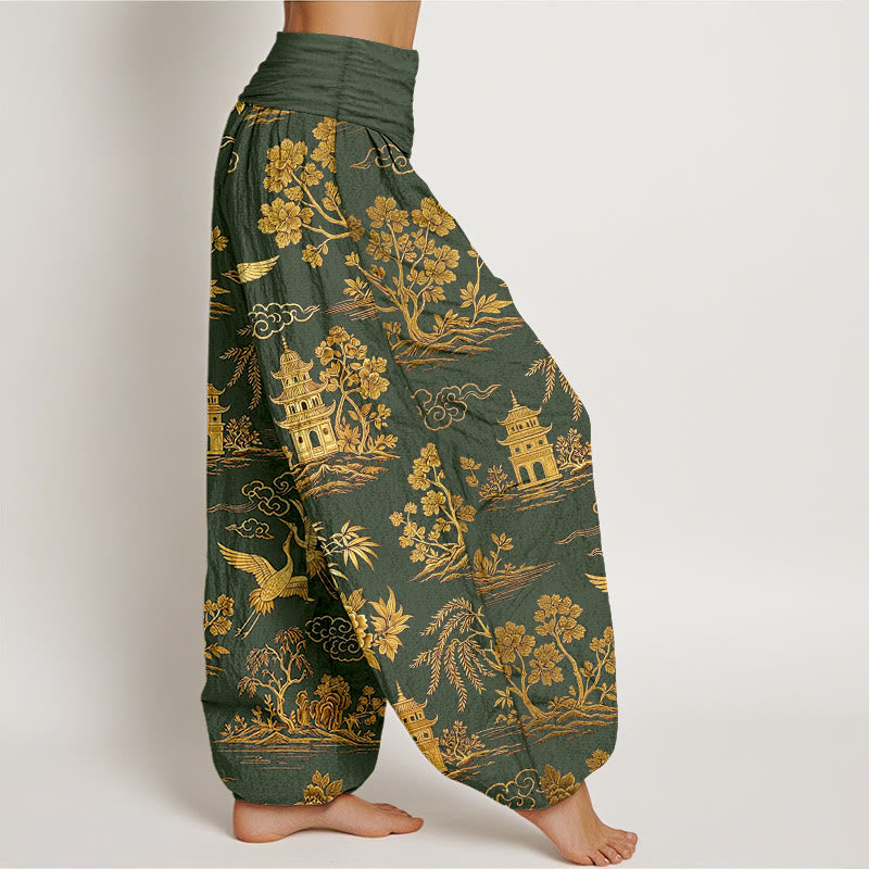 Buddha Stones Pantalones harén de algodón con cintura elástica para mujer, con diseño de grulla de árbol, arquitectura, nubes y peonías - image 7
