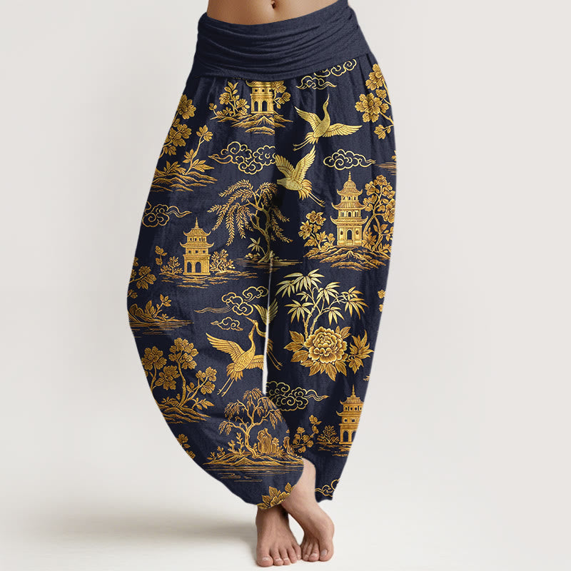 Buddha Stones Pantalones harén de algodón con cintura elástica para mujer, con diseño de grulla de árbol, arquitectura, nubes y peonías - Azul medianoche - US16，UK/AU20，EU48 (3XL) - image 8