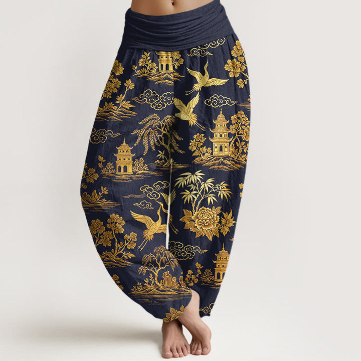 Buddha Stones Pantalones harén de algodón con cintura elástica para mujer, con diseño de grulla de árbol, arquitectura, nubes y peonías - Azul medianoche - US16，UK/AU20，EU48 (3XL) - image 8