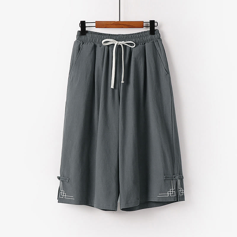 Buddha Stones Pantalones capri de lino y algodón para hombre, de pierna ancha, con bolsillos y diseño sencillo con cordón ajustable - Gris - US/UK/AU54, EU64 (9XL) - image 0