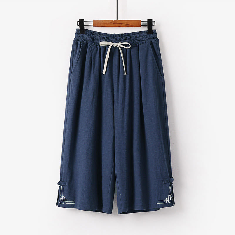 Buddha Stones Pantalones capri de lino y algodón para hombre, de pierna ancha, con bolsillos y diseño sencillo con cordón ajustable - Azul acero - US/UK/AU54, EU64 (9XL) - image 9