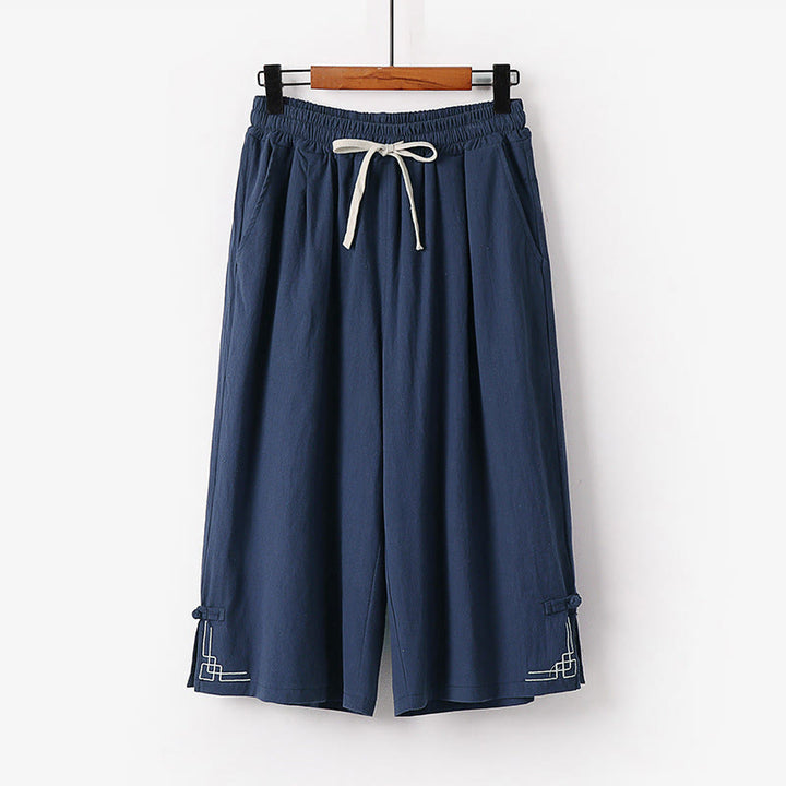 Buddha Stones Pantalones capri de lino y algodón para hombre, de pierna ancha, con bolsillos y diseño sencillo con cordón ajustable - Azul acero - US/UK/AU54, EU64 (9XL) - image 9