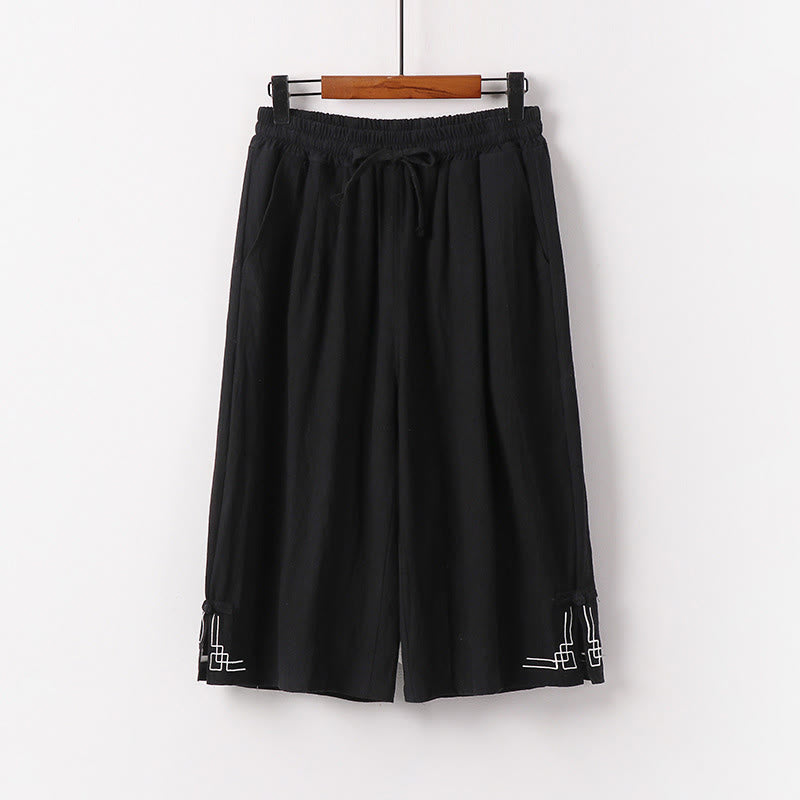 Buddha Stones Pantalones capri de lino y algodón para hombre, de pierna ancha, con bolsillos y diseño sencillo con cordón ajustable - Negro - US/UK/AU54, EU64 (9XL) - image 1