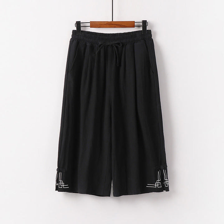 Buddha Stones Pantalones capri de lino y algodón para hombre, de pierna ancha, con bolsillos y diseño sencillo con cordón ajustable - Negro - US/UK/AU54, EU64 (9XL) - image 1