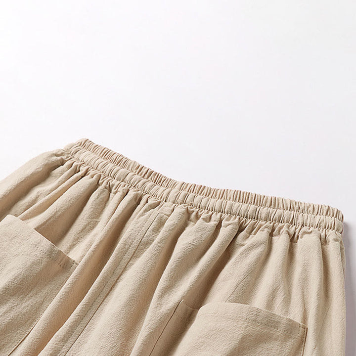 Buddha Stones Pantalones capri de lino y algodón para hombre, de pierna ancha, con bolsillos y diseño sencillo con cordón ajustable - image 6