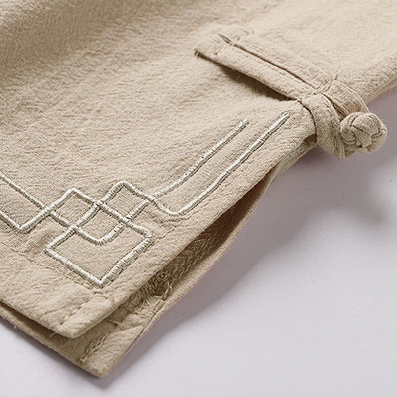 Buddha Stones Pantalones capri de lino y algodón para hombre, de pierna ancha, con bolsillos y diseño sencillo con cordón ajustable - image 8