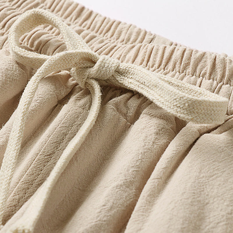 Buddha Stones Pantalones capri de lino y algodón para hombre, de pierna ancha, con bolsillos y diseño sencillo con cordón ajustable - image 4