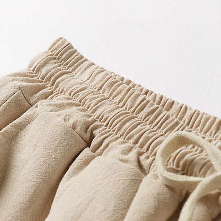 Buddha Stones Pantalones capri de lino y algodón para hombre, de pierna ancha, con bolsillos y diseño sencillo con cordón ajustable - image 3