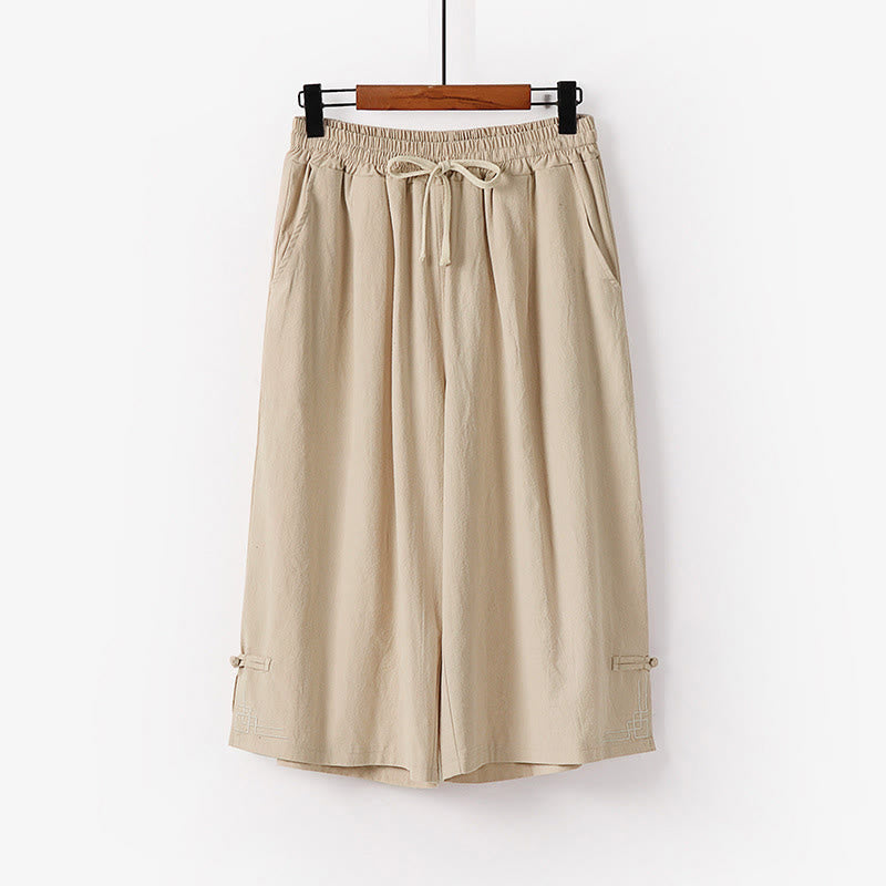 Buddha Stones Pantalones capri de lino y algodón para hombre, de pierna ancha, con bolsillos y diseño sencillo con cordón ajustable - Beige - US/UK/AU54, EU64 (9XL) - image 2