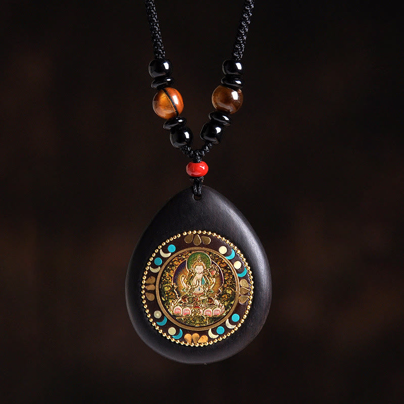 Buddha Stones Colgante de collar con Buda natal del zodíaco chino, madera de ébano, ojo de tigre, ónix negro y calma - Bodhisattva Mahasattva Caballo - image 0
