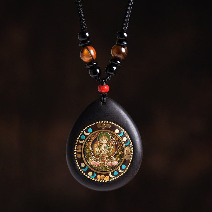 Buddha Stones Colgante de collar con Buda natal del zodíaco chino, madera de ébano, ojo de tigre, ónix negro y calma - Bodhisattva Mahasattva Caballo - image 0