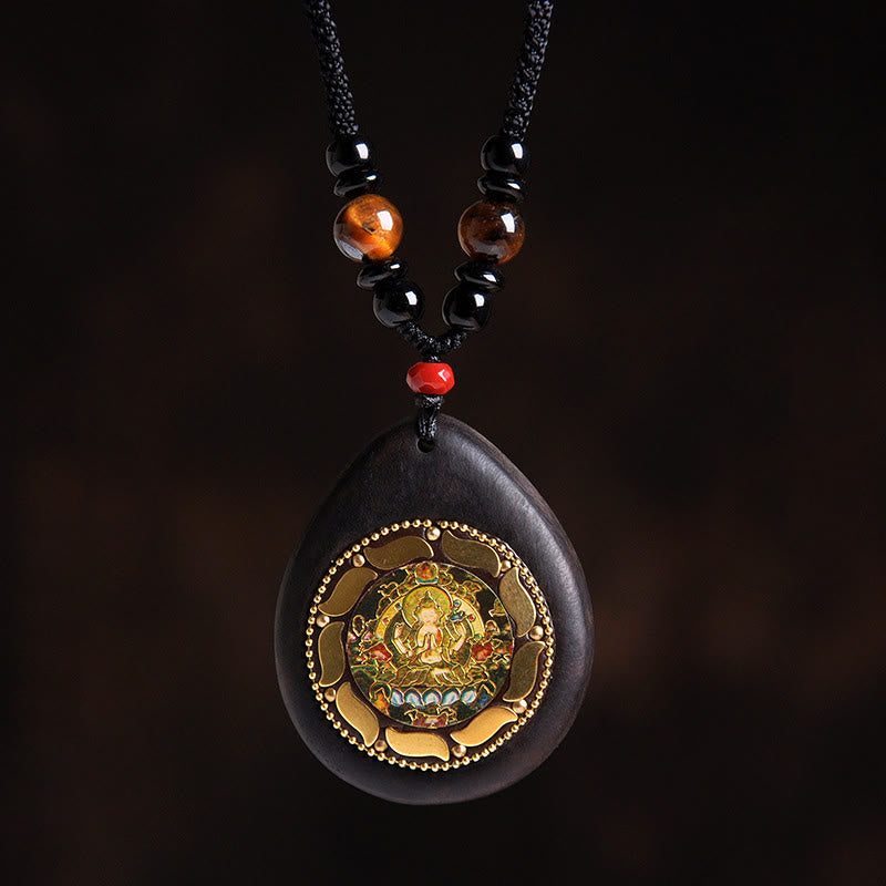 Buddha Stones Colgante de collar con Buda natal del zodíaco chino, madera de ébano, ojo de tigre, ónix negro y calma - Avalokitesvara de las Mil Brazos - image 1