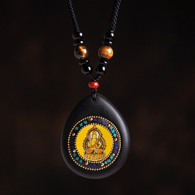 Buddha Stones Colgante de collar con Buda natal del zodíaco chino, madera de ébano, ojo de tigre, ónix negro y calma - Bodhisattva Buey/Tigre-Vacío - image 2