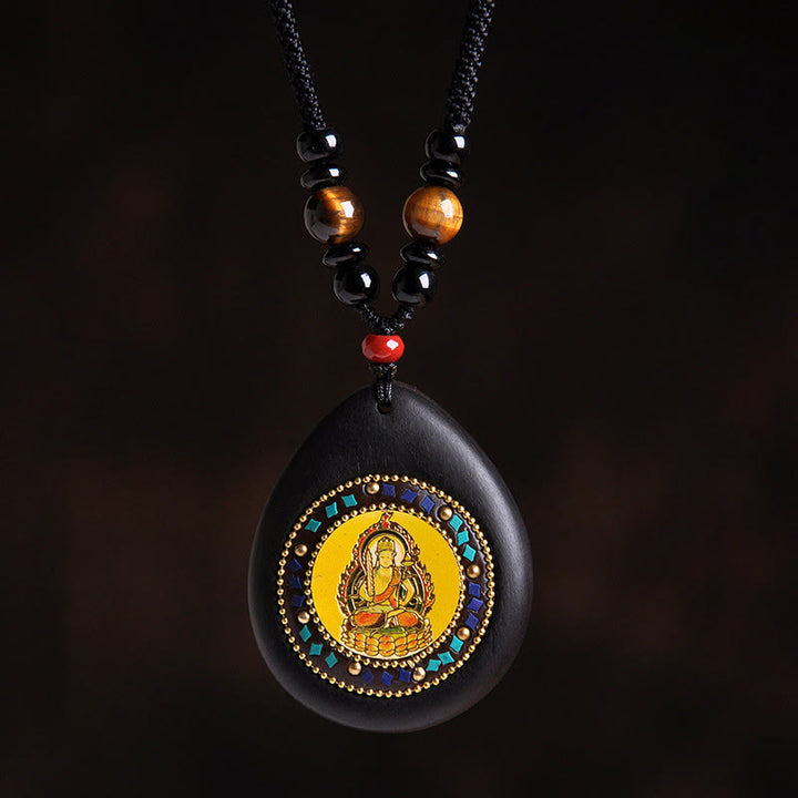 Buddha Stones Colgante de collar con Buda natal del zodíaco chino, madera de ébano, ojo de tigre, ónix negro y calma - Bodhisattva Buey/Tigre-Vacío - image 2