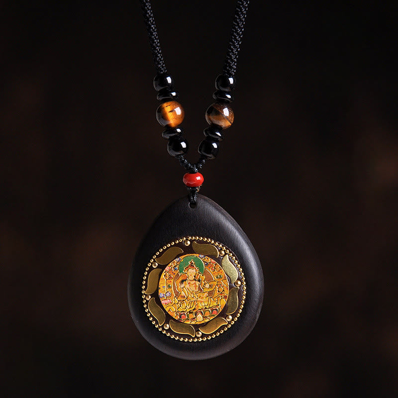 Buddha Stones Colgante de collar con Buda natal del zodíaco chino, madera de ébano, ojo de tigre, ónix negro y calma - Dragón/Serpiente-Samantabhadra Bodhisattva - image 4