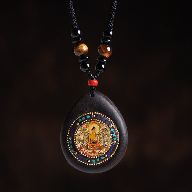 Buddha Stones Colgante de collar con Buda natal del zodíaco chino, madera de ébano, ojo de tigre, ónix negro y calma - Tathagata Cabra/Mono - image 12