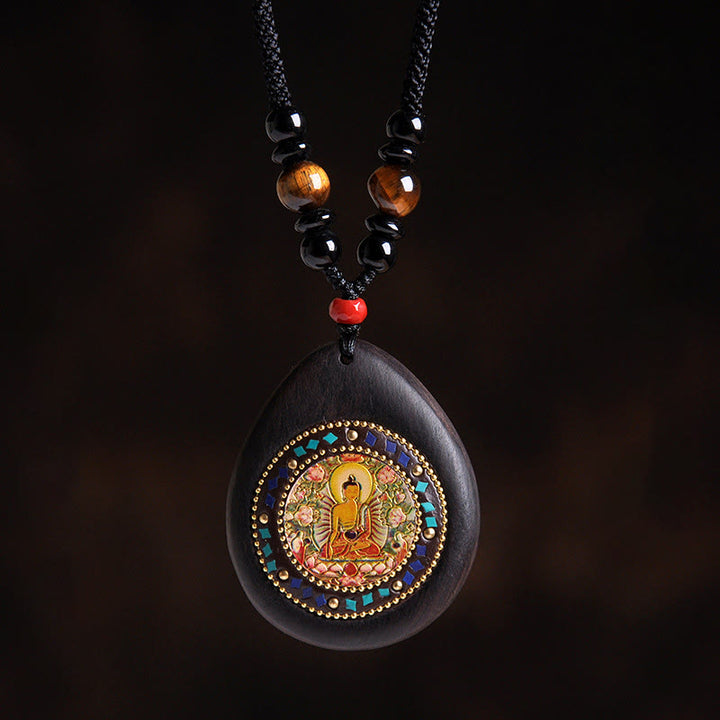 Buddha Stones Colgante de collar con Buda natal del zodíaco chino, madera de ébano, ojo de tigre, ónix negro y calma - Tathagata Cabra/Mono - image 12
