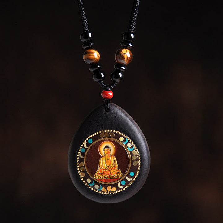 Buddha Stones Colgante de collar con Buda natal del zodíaco chino, madera de ébano, ojo de tigre, ónix negro y calma - Perro/Cerdo-Buda Amitabha - image 16