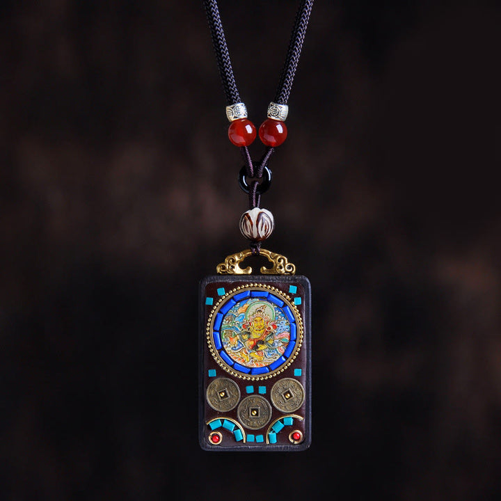 Buddha Stones Thangka Yin Yang - Collar con colgante de equilibrio de zakiram de madera de ébano con monedas de cobre - Dios de la riqueza de la madera de ébano - image 15