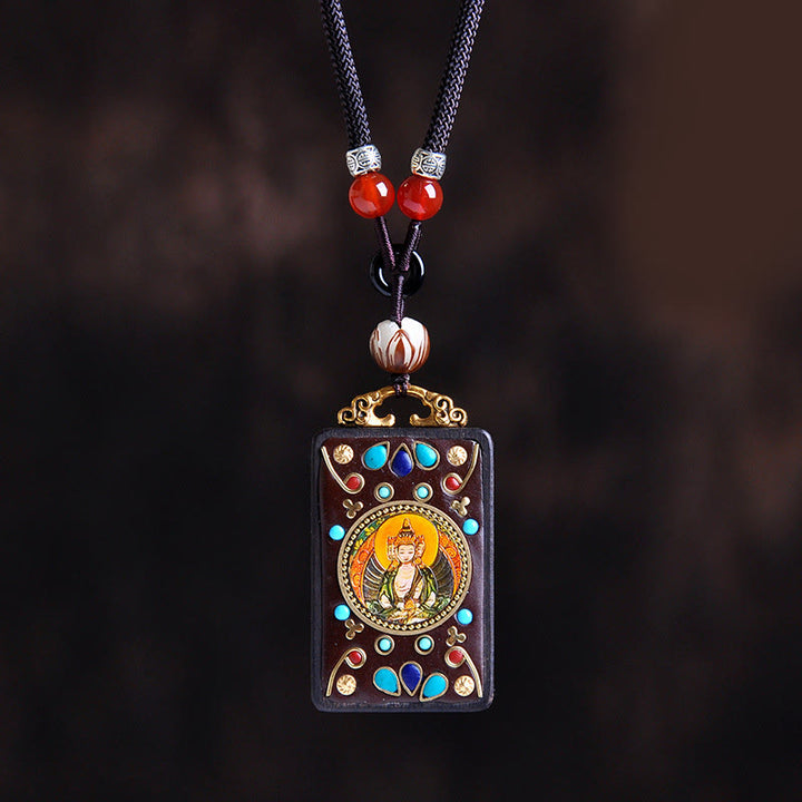 Buddha Stones Thangka Yin Yang - Collar con colgante de equilibrio de zakiram de madera de ébano con monedas de cobre - Tathagata de madera de ébano - image 11