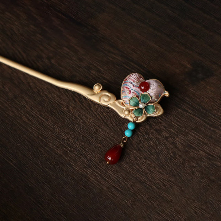 Buddha Stones Horquilla de cobre con diseño de flor de calabaza y ágata roja - image 4