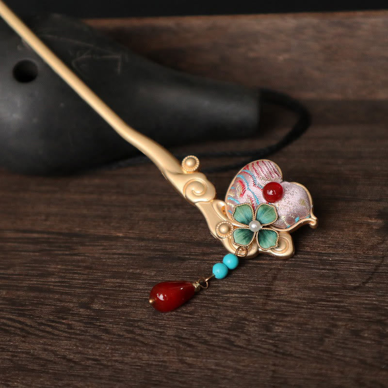 Buddha Stones Horquilla de cobre con diseño de flor de calabaza y ágata roja - image 3