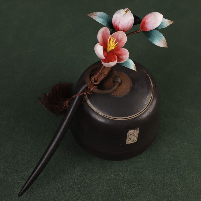 Buddha Stones Horquilla de madera de ébano con diseño de flor de terciopelo y calma - Flor de terciopelo de madera de ébano - image 0