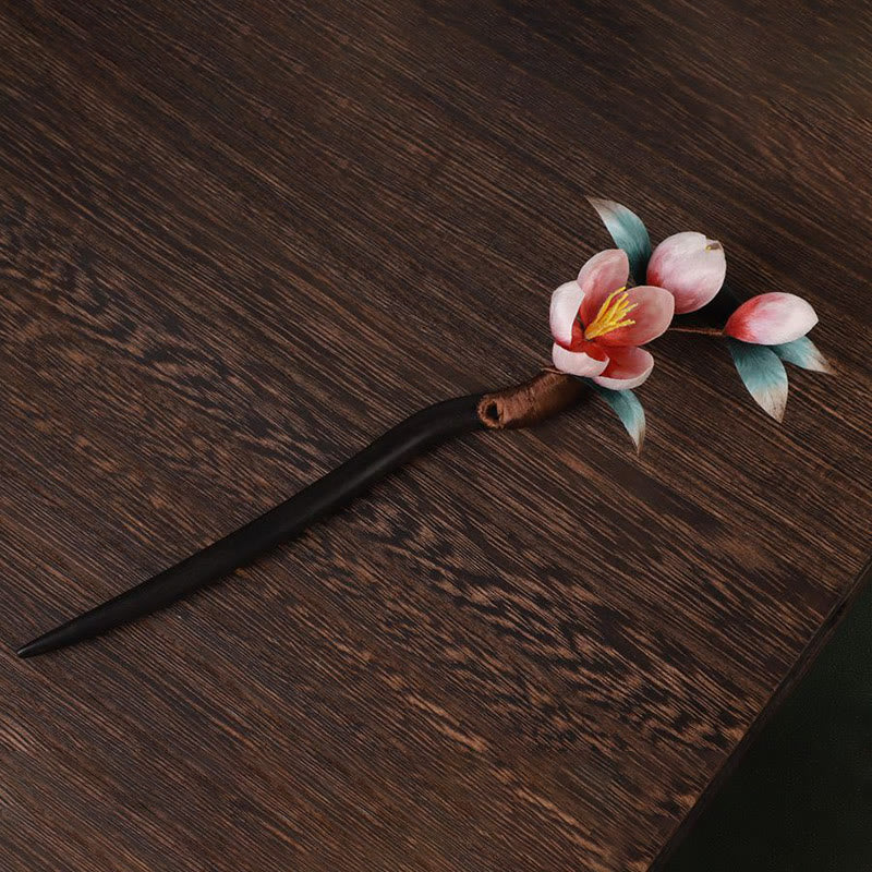 Buddha Stones Horquilla de madera de ébano con diseño de flor de terciopelo y calma - image 4