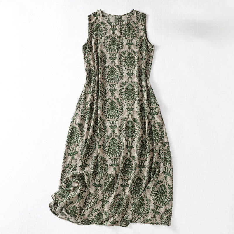 Buddha Stones Vestido largo sin mangas con cuello redondo y diseño sencillo con estampado de verano Commute - Verde oscuro - US14，UK/AU18，EU46 (2XL) - image 1