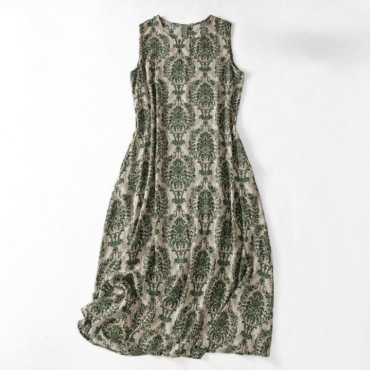 Buddha Stones Vestido largo sin mangas con cuello redondo y diseño sencillo con estampado de verano Commute - Verde oscuro - US14，UK/AU18，EU46 (2XL) - image 1