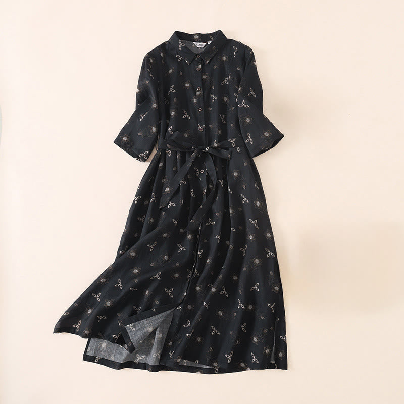 Buddha Stones Vestido midi de media manga con botones, cordones y estampado floral de verano con bolsillos - Negro - US12, UK/AU16, EU44 (3XL) - image 11