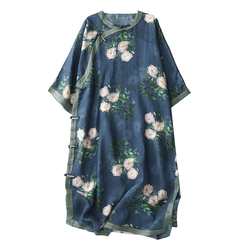 Vestido midi de manga corta con estampado de flores de granada, orquídeas y botones de rana, con abertura lateral y diseño de Buddha Stones. - image 20