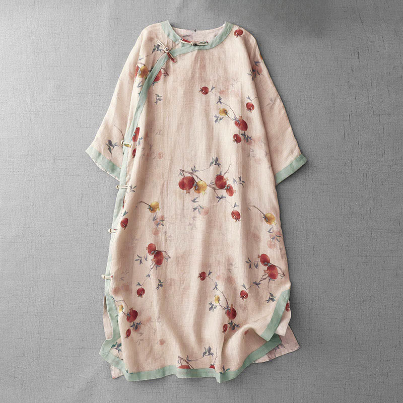 Vestido midi de manga corta con estampado de flores de granada, orquídeas y botones de rana, con abertura lateral y diseño de Buddha Stones. - PeachPuff - US12, UK/AU16, EU44 (2XL) - image 1