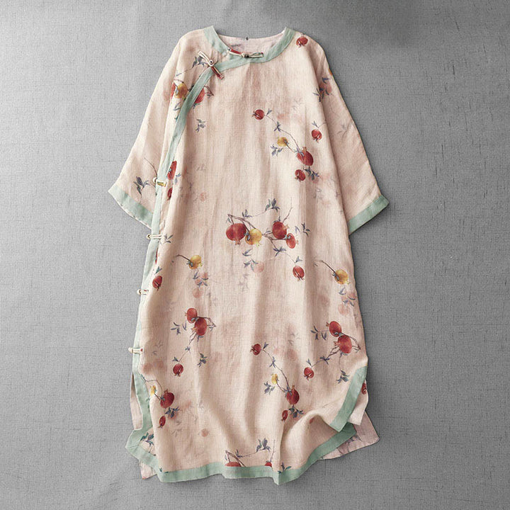 Vestido midi de manga corta con estampado de flores de granada, orquídeas y botones de rana, con abertura lateral y diseño de Buddha Stones. - PeachPuff - US12, UK/AU16, EU44 (2XL) - image 1
