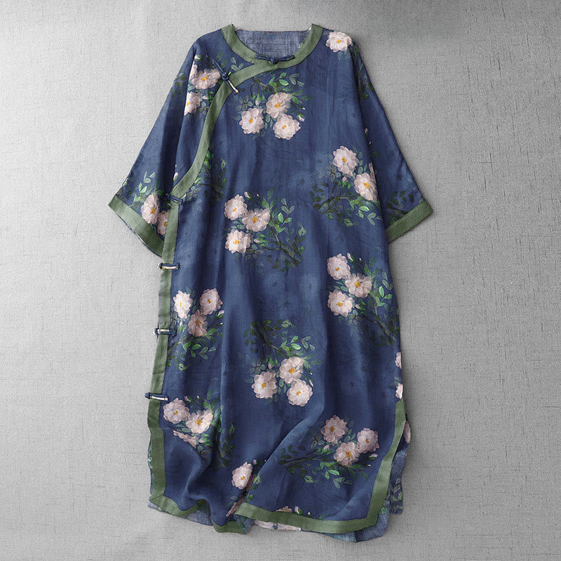 Vestido midi de manga corta con estampado de flores de granada, orquídeas y botones de rana, con abertura lateral y diseño de Buddha Stones. - Azul oscuro - US12, UK/AU16, EU44 (2XL) - image 12