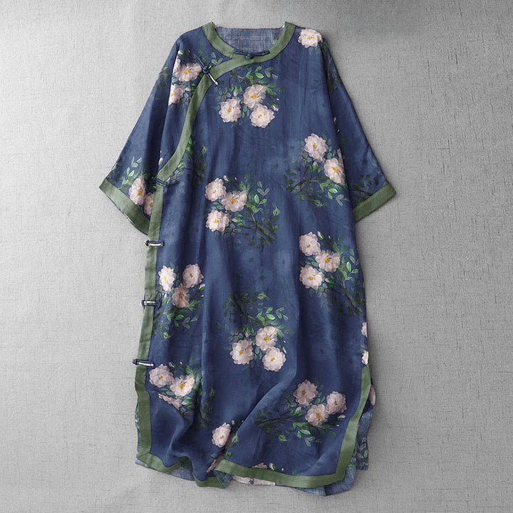 Vestido midi de manga corta con estampado de flores de granada, orquídeas y botones de rana, con abertura lateral y diseño de Buddha Stones. - Azul oscuro - US12, UK/AU16, EU44 (2XL) - image 12