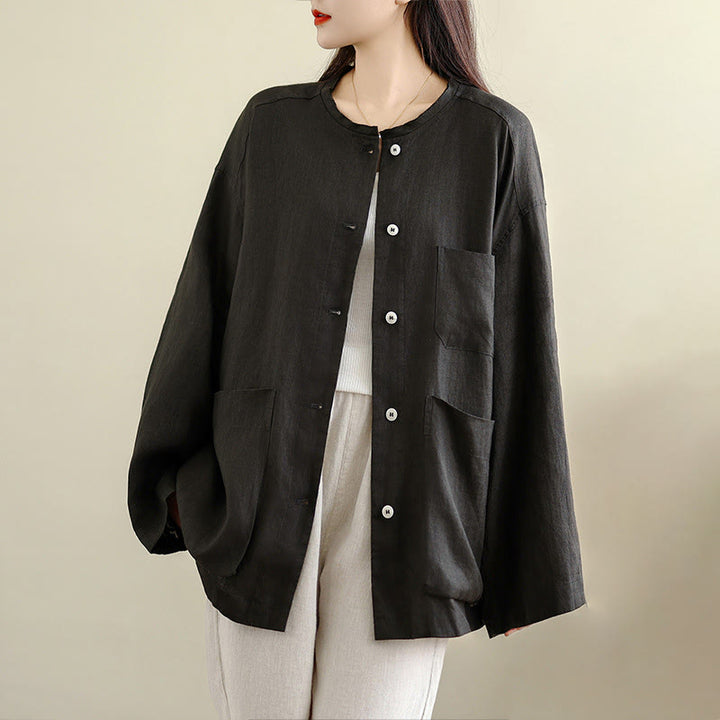 Buddha Stones Camisa de algodón lisa de manga larga con cuello redondo y bolsillos para mujer - Negro - US8-10，UK/AU12-14，EU40-42 (2XL) - image 0