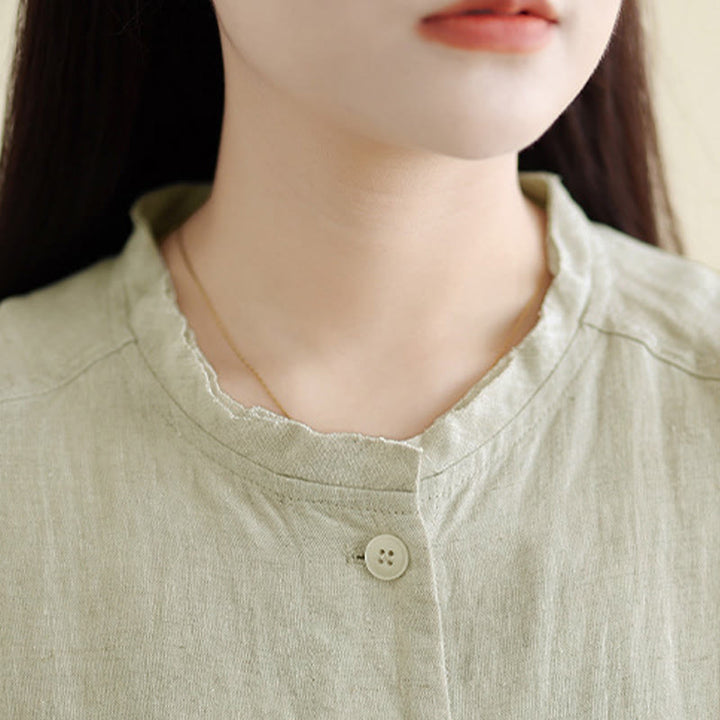 Buddha Stones Camisa de algodón lisa de manga larga con cuello redondo y bolsillos para mujer - image 13