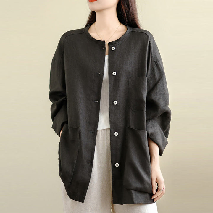 Buddha Stones Camisa de algodón lisa de manga larga con cuello redondo y bolsillos para mujer - image 2