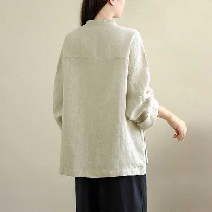 Buddha Stones Camisa de algodón lisa de manga larga con cuello redondo y bolsillos para mujer - image 12
