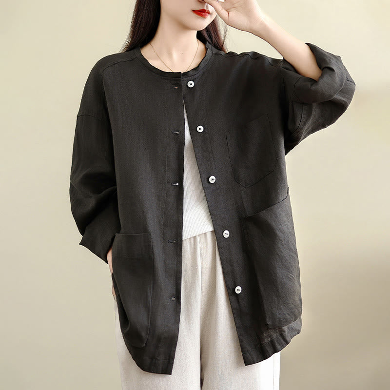 Buddha Stones Camisa de algodón lisa de manga larga con cuello redondo y bolsillos para mujer - image 4