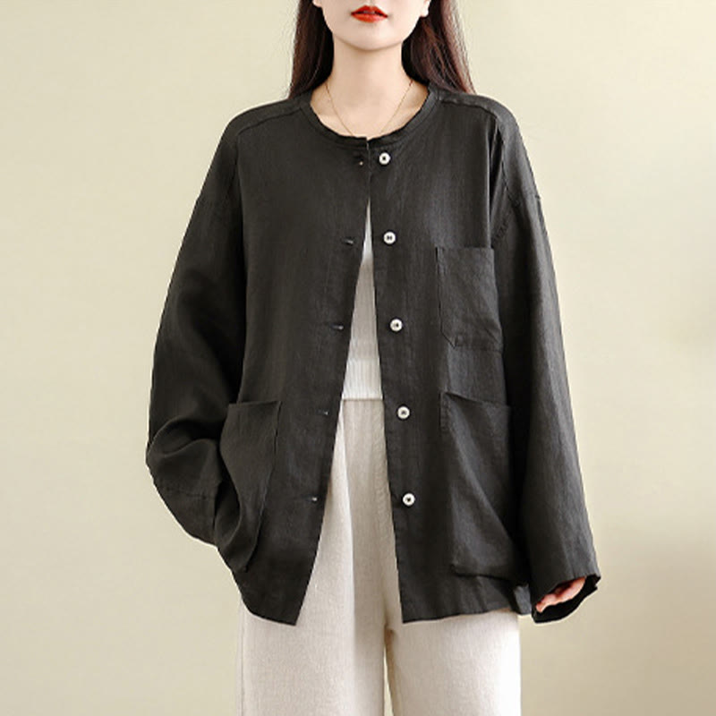 Buddha Stones Camisa de algodón lisa de manga larga con cuello redondo y bolsillos para mujer - image 1