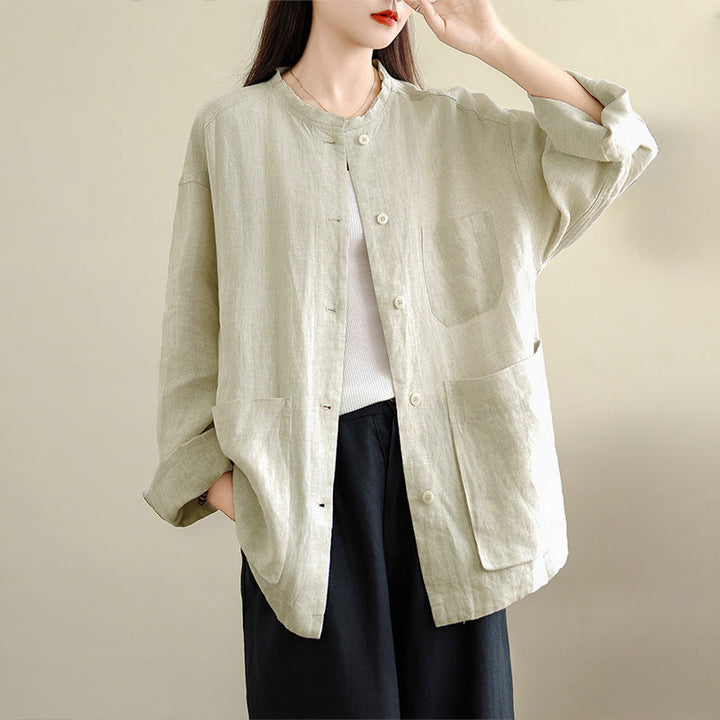 Buddha Stones Camisa de algodón lisa de manga larga con cuello redondo y bolsillos para mujer - Blanco - US8-10，UK/AU12-14，EU40-42 (2XL) - image 7
