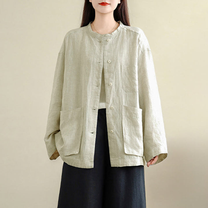 Buddha Stones Camisa de algodón lisa de manga larga con cuello redondo y bolsillos para mujer - image 9