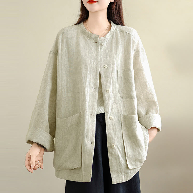 Buddha Stones Camisa de algodón lisa de manga larga con cuello redondo y bolsillos para mujer - image 10