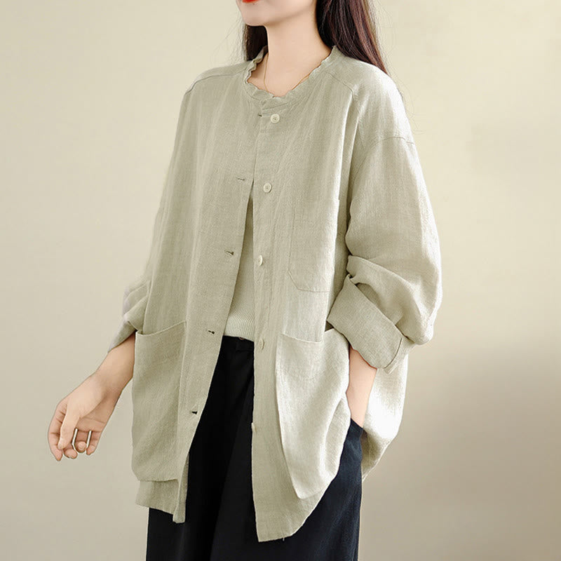 Buddha Stones Camisa de algodón lisa de manga larga con cuello redondo y bolsillos para mujer - image 8